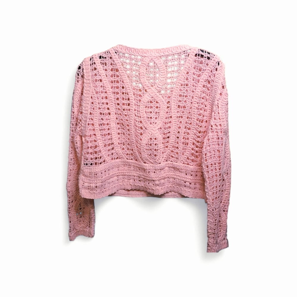 POL Crochet Squares Cropped Long Sleeve Top In Pink Sz OS Boho Knit NWOT - Picture 7 of 11